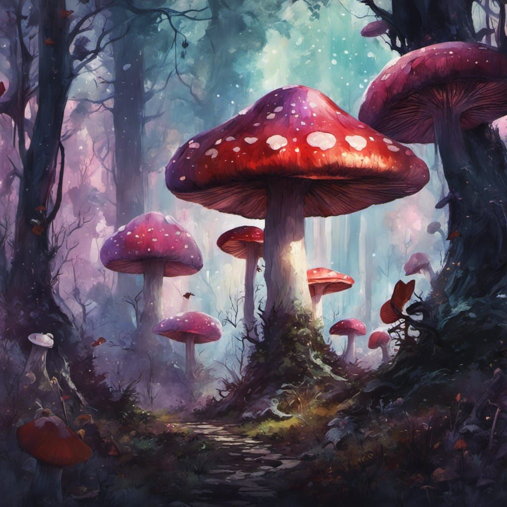 Magical Violet Mushrooms in Watercolor Style