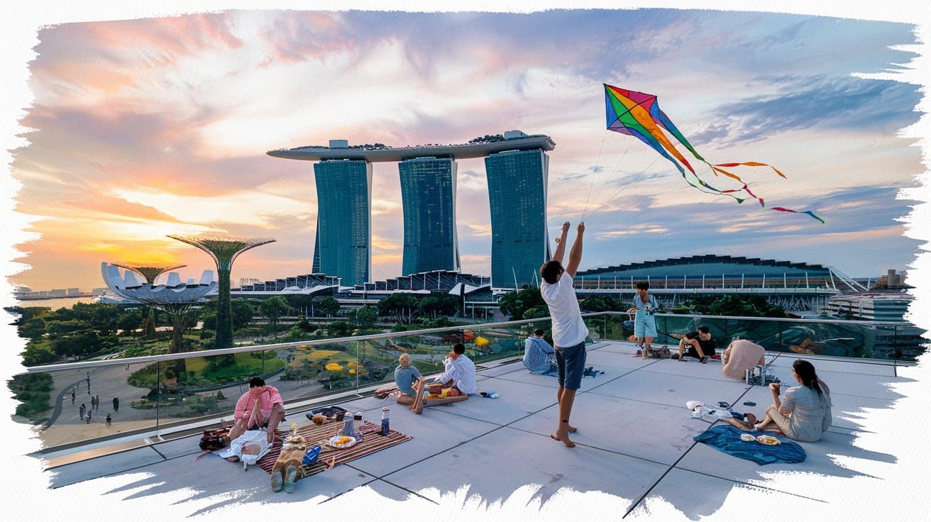 Singapore Kite Flyer: Gouache Watercolor Painting at Sunset