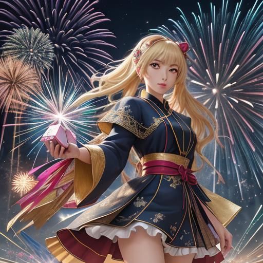 Anime Tarot Reader with Phoenix and Fireworks