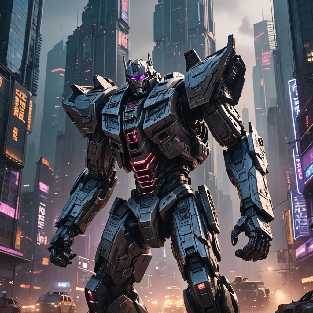 Detailed 3D Rendering of Megatron in Sci-Fi City