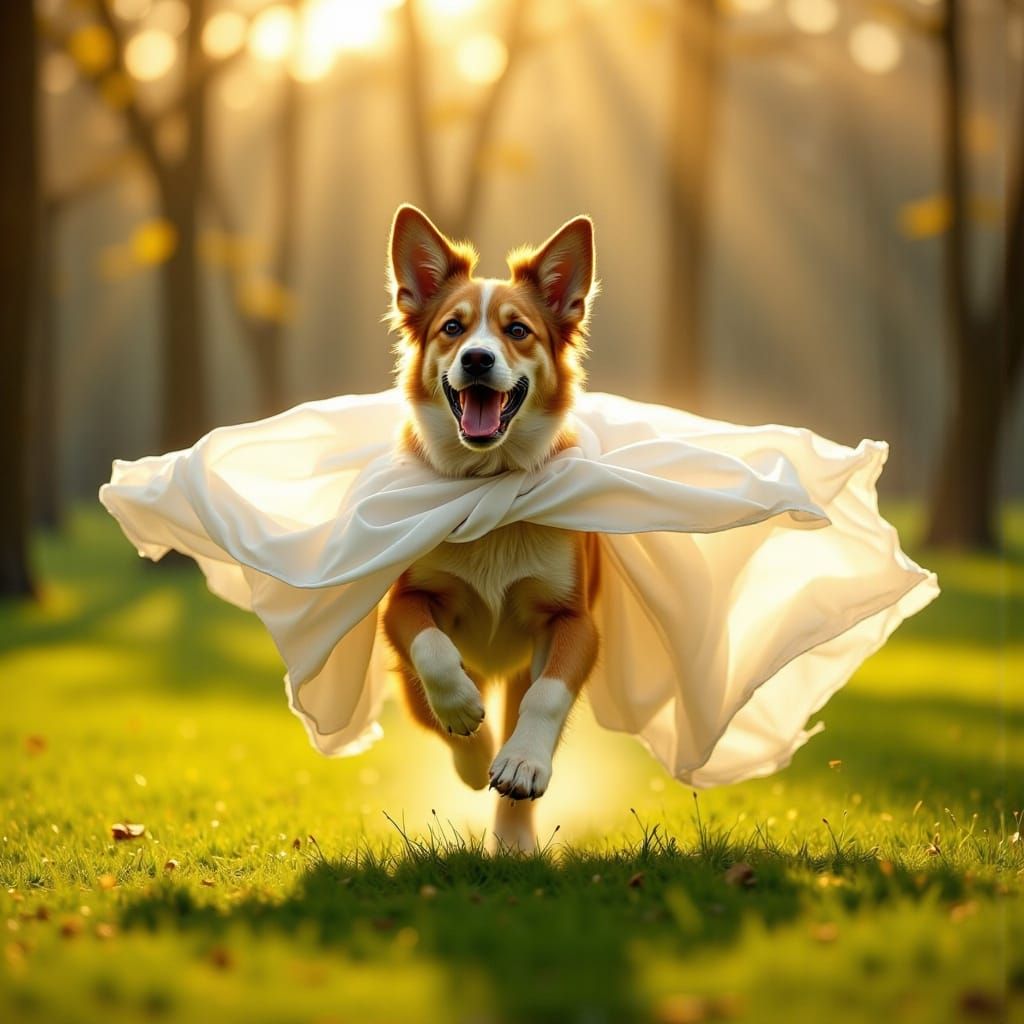 Joyful Dog Runs with Billowing Sheet in Hyperrealistic Sprin...