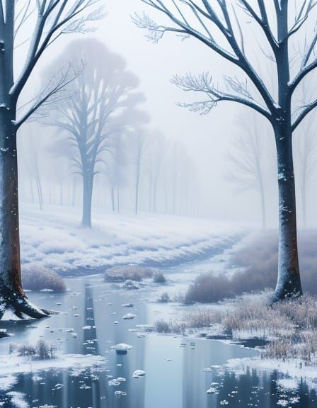 Serene Winter Landscape Painting with Falling Snowflakes