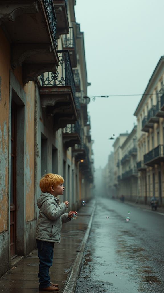 Moody Rainy Street Scene with Young Boy Blowing Bubbles