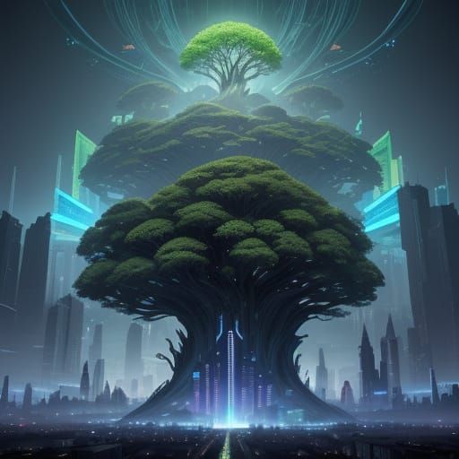 Surreal City Tree of Life Blends Cyberpunk and Fantasy