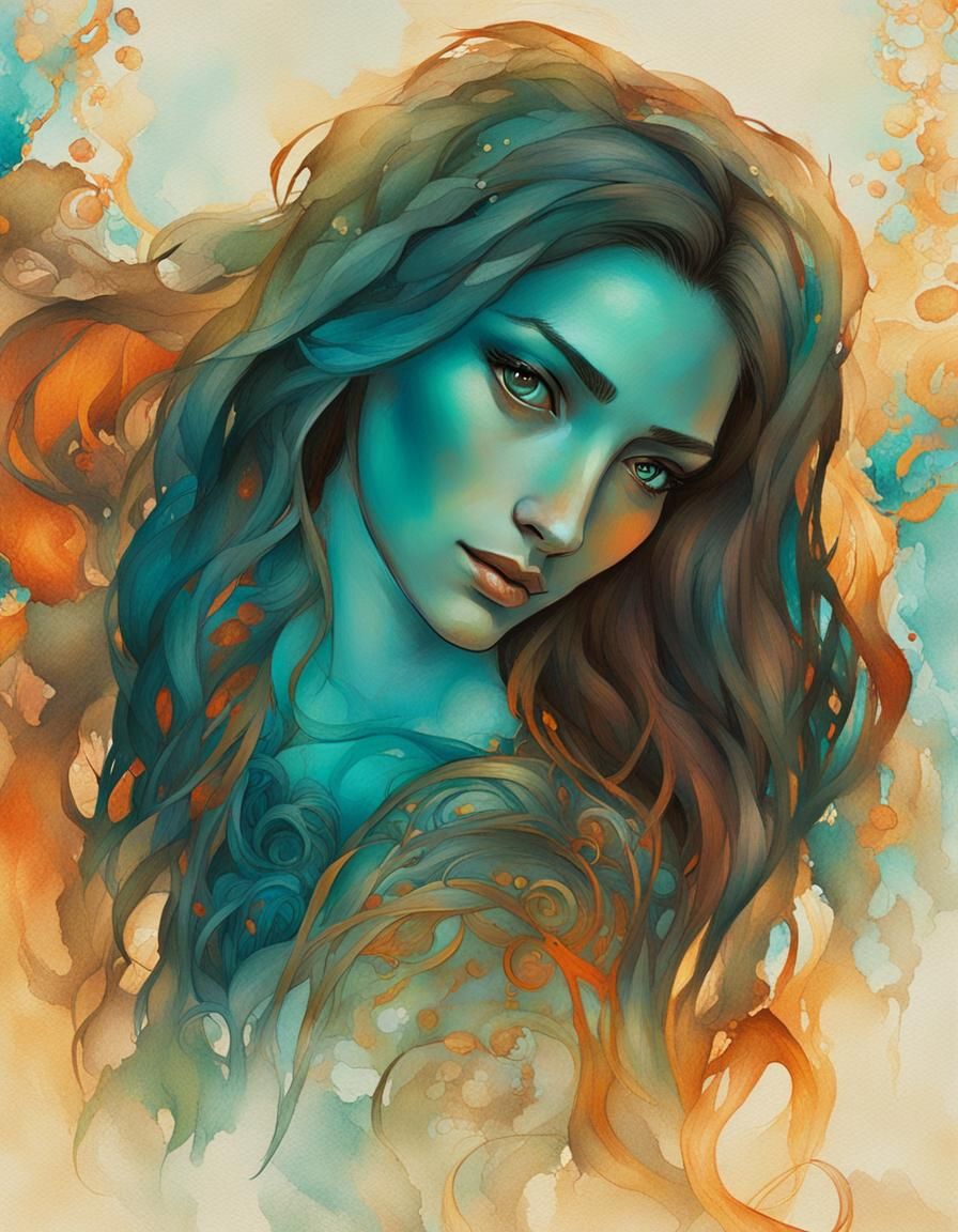 Melancholic Woman Portrait in Art Nouveau Style