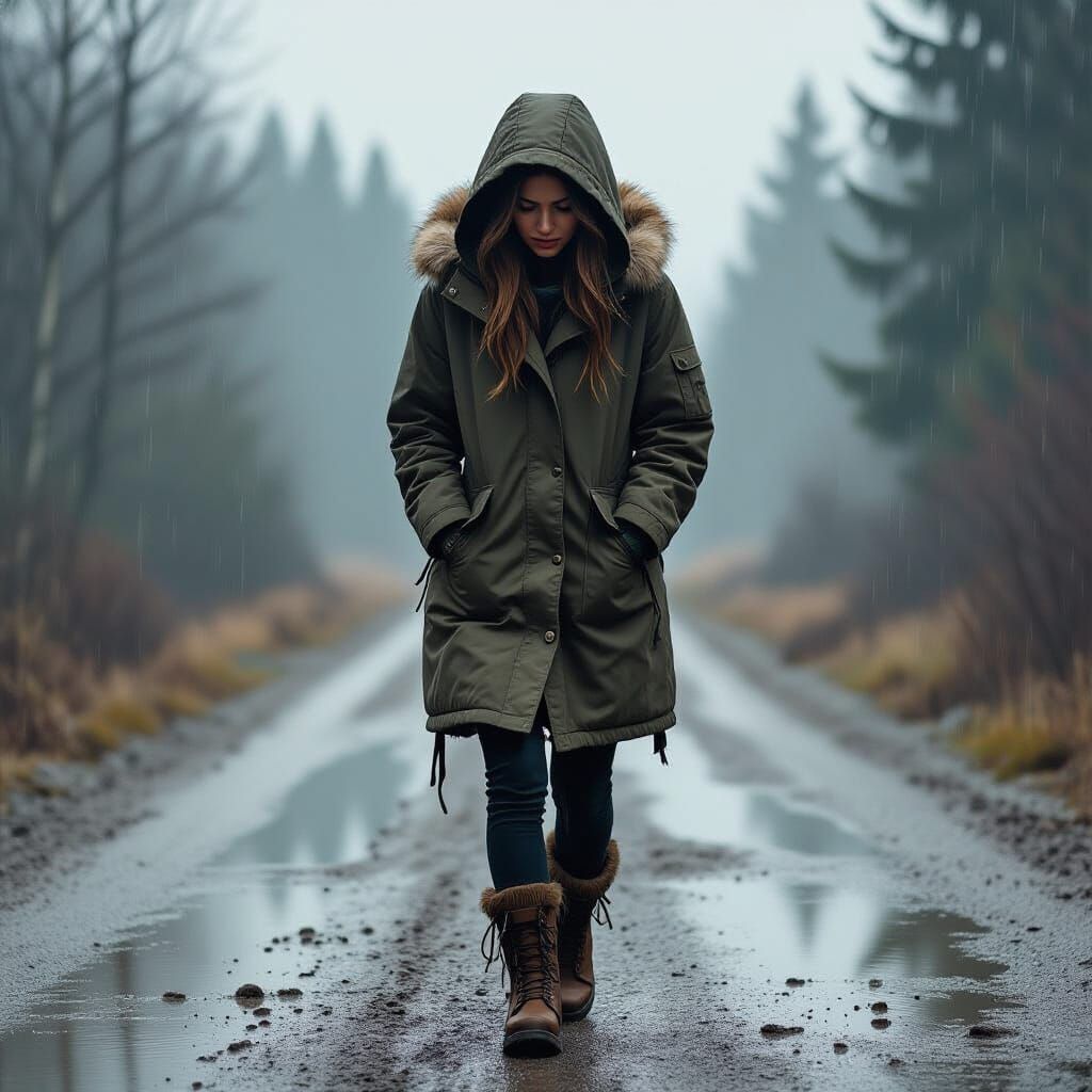Solemn Woman Walks Rainy Gravel Road in Winter Coat