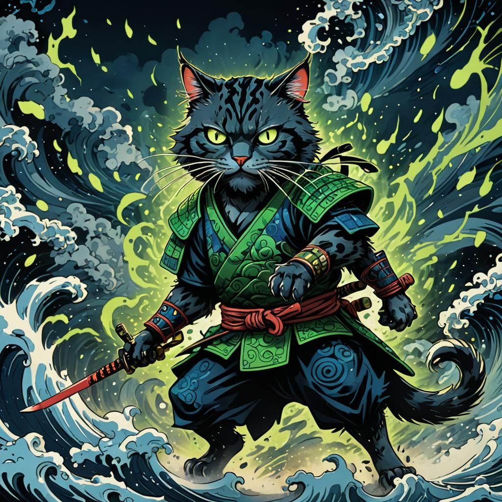 Samurai Cat vs Ferocious Mouse in Comic Art