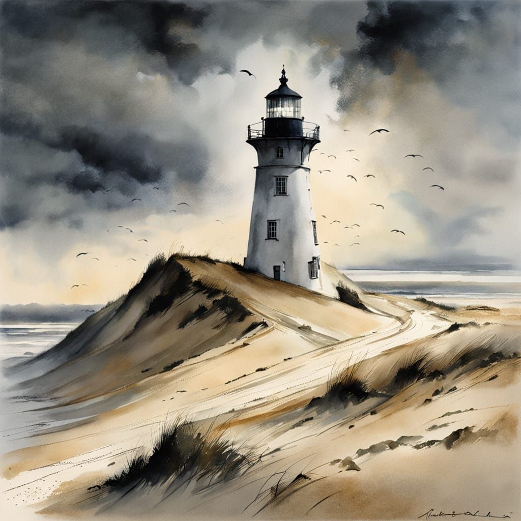 Stormy Lighthouse on Shifting Dune in Intricate Detail