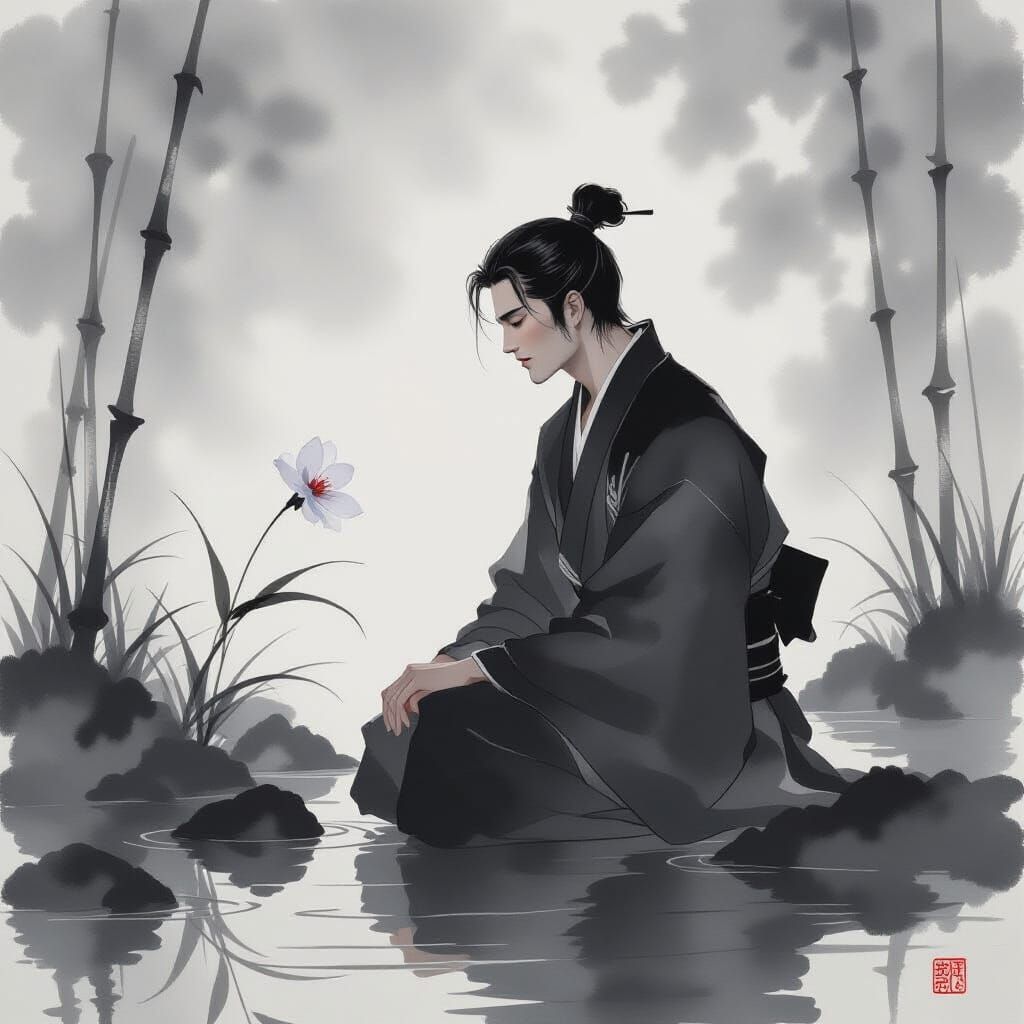 Sumi-e Painting of Man Contemplating Flower in Japanese Gard...