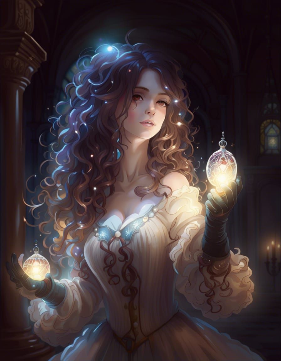 Woman with Flowing Hair and Ornate Gloves