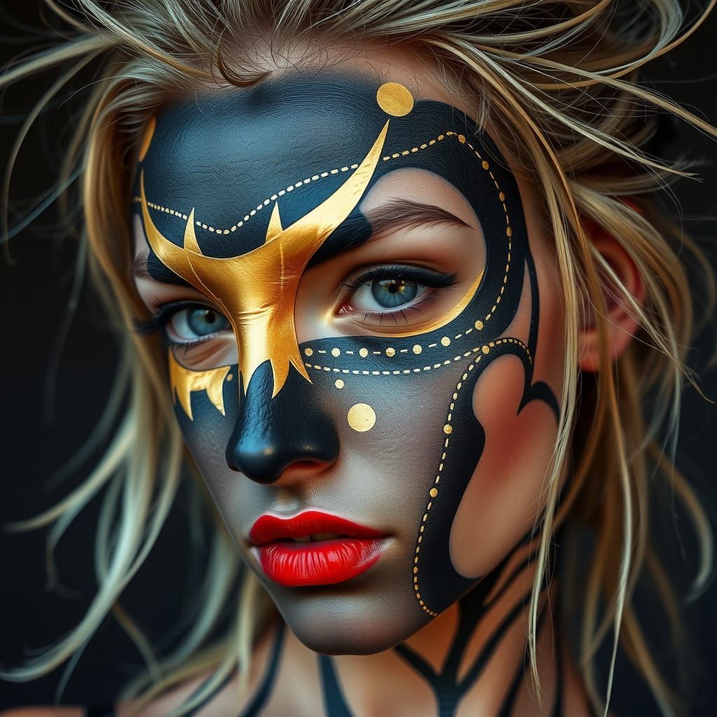 Hyperrealistic Woman with Black and Gold Painted Skin