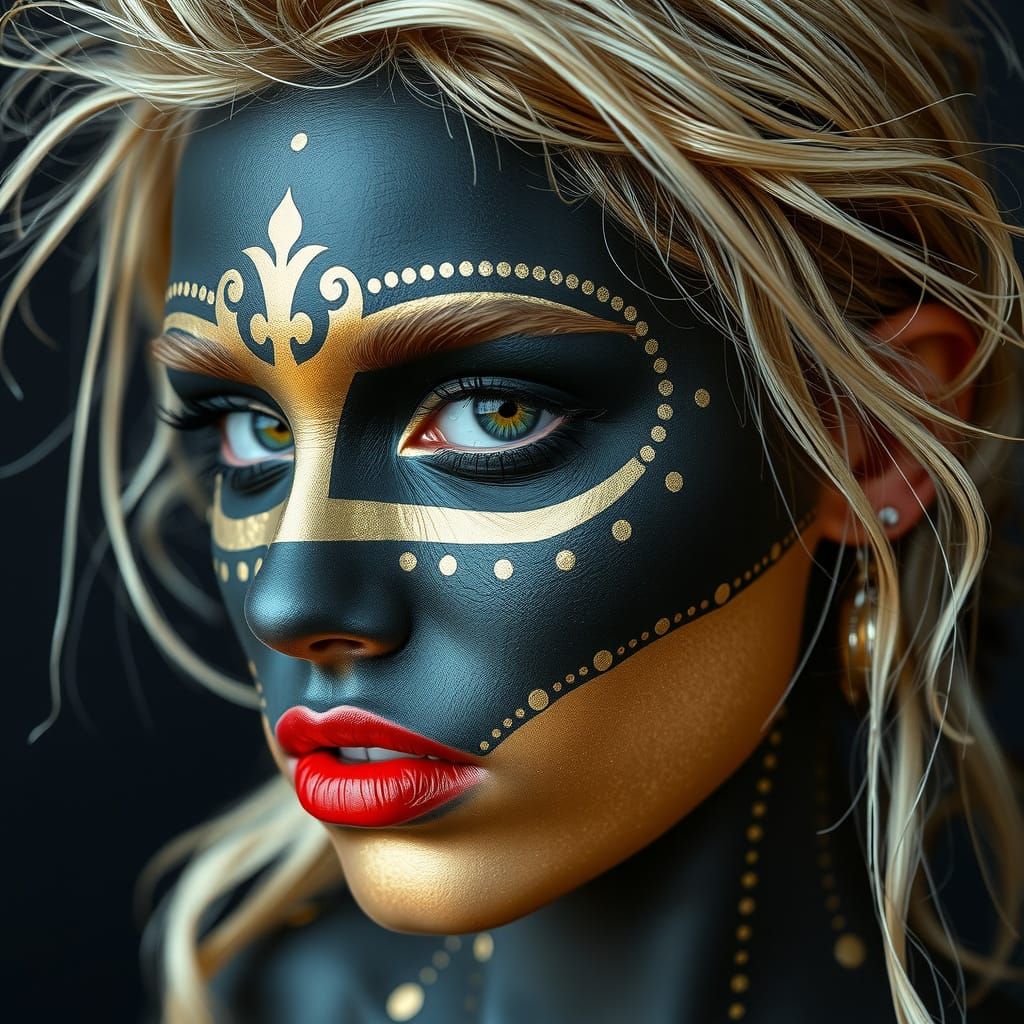 Hyperrealistic Woman with Black and Gold Painted Skin