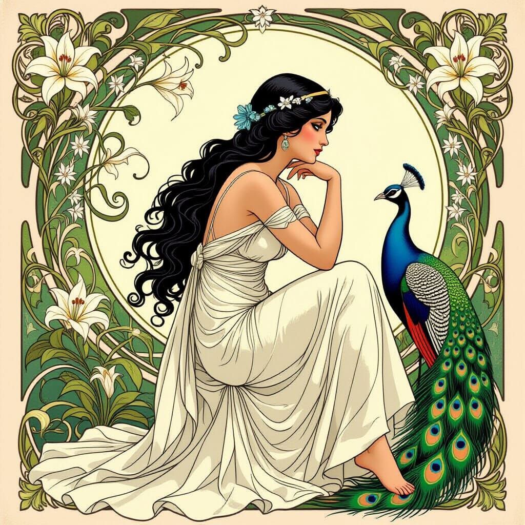 Art Nouveau Aphrodite with Peacock