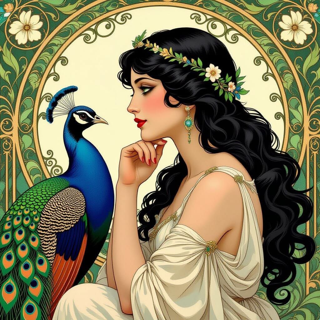 Art Nouveau Aphrodite Contemplating with Peacock