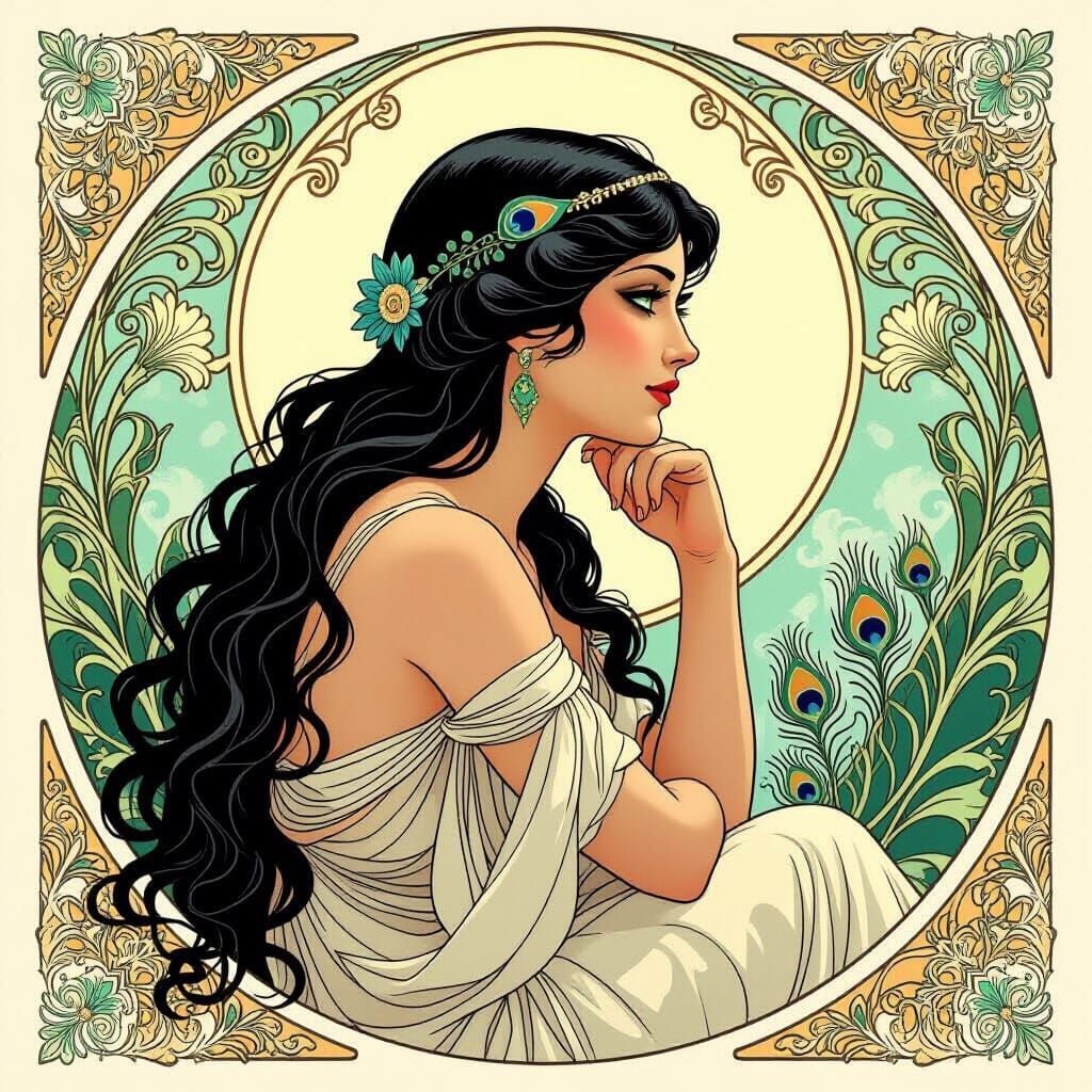 Art Nouveau Aphrodite with Peacock in Painterly Style
