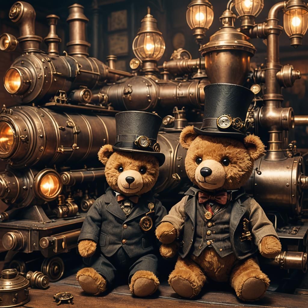 Steampunk Teddy Bear Detectives on Steam Locomotive