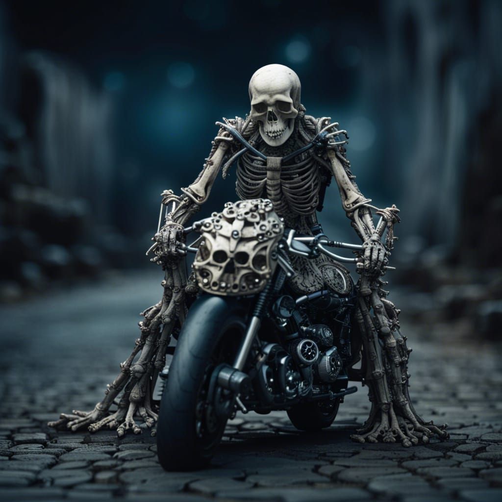 Skeletal Motorcycle Rider on Dark Road
