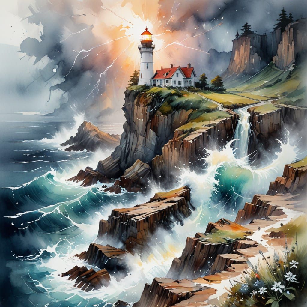 Lighthouse in Eternal Summer Storm: Watercolour Art