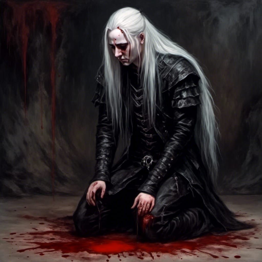 Gothic Man Kneeling in Despair by Blood