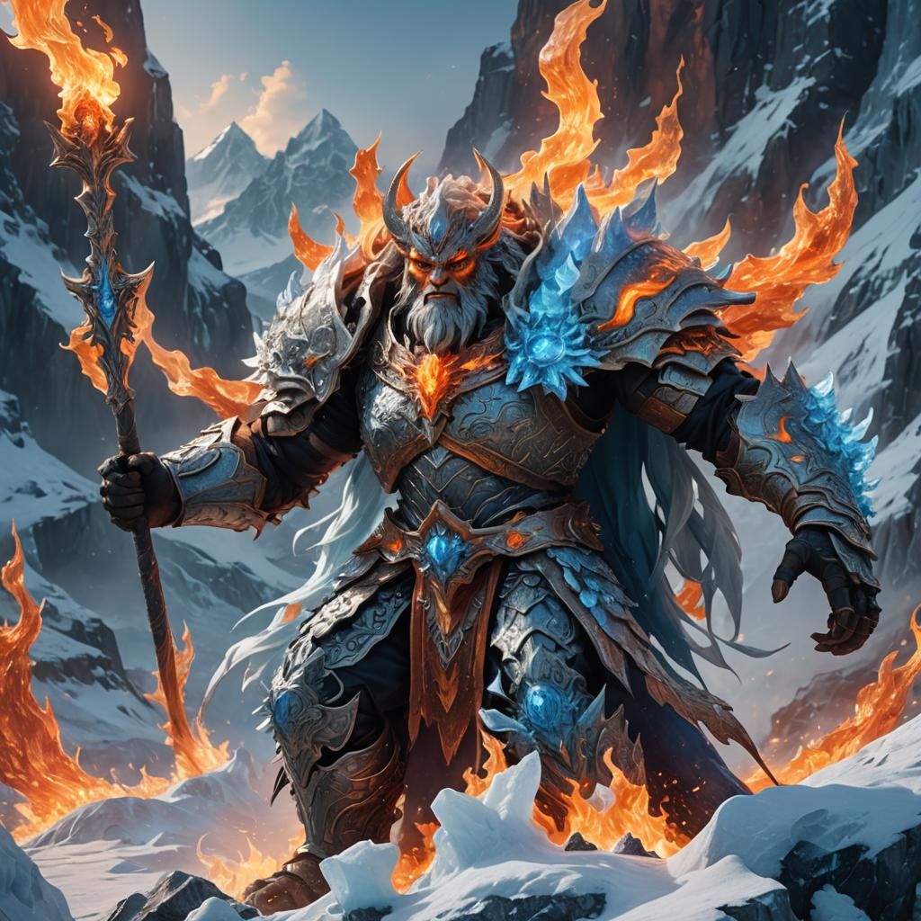 Ice and Fire God on Snowy Mountain Peak