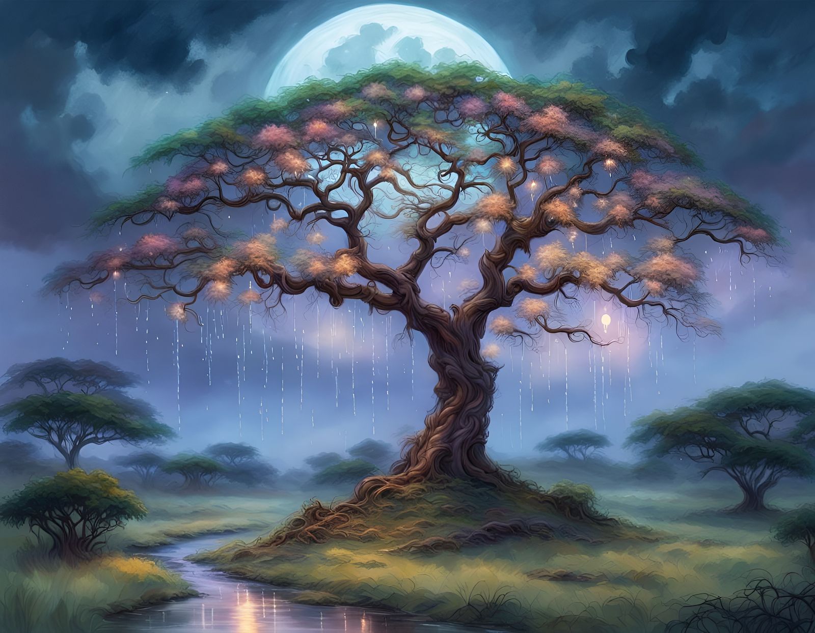 Ethereal Moonrise Over Rain Tree: Watercolor Art
