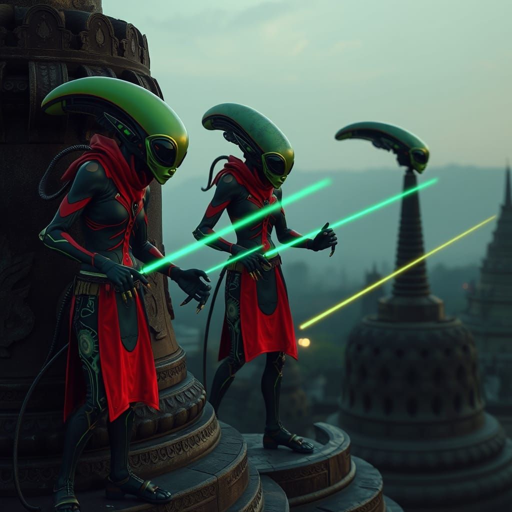 Aliens on Borobudur Stupas as Digital Art