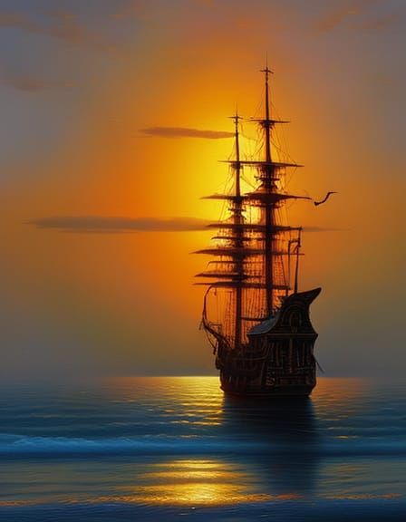 Epic Galleon at Sunset: Hyperrealistic Oil Painting