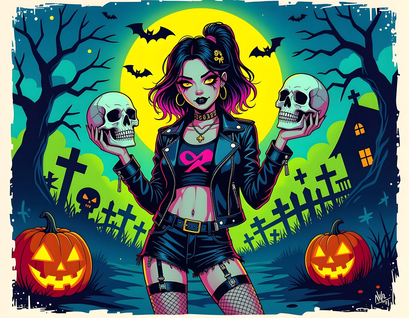 Punk Zombie Girl with Skull in Acid Magic Style