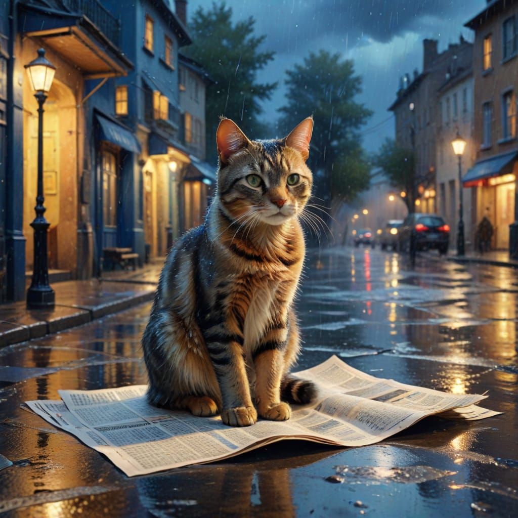 Whimsical Cat Seeks Shelter on a Rainy Night