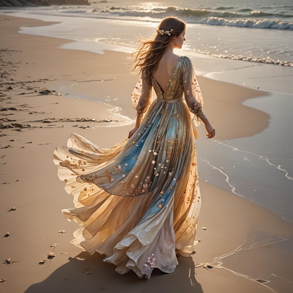 Girl in Glowing Dress on Sunrise Beach