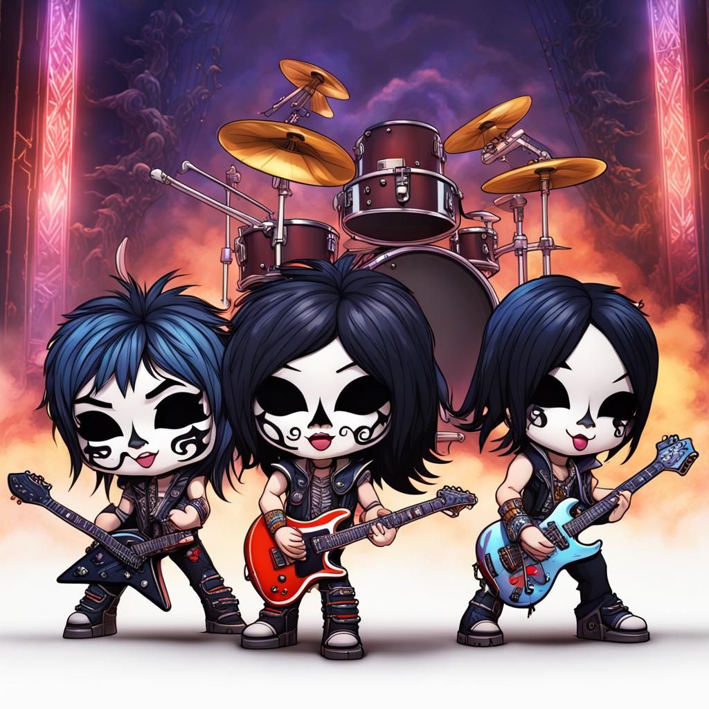 Chibi KISS Rock Band in Detailed Matte Painting Style