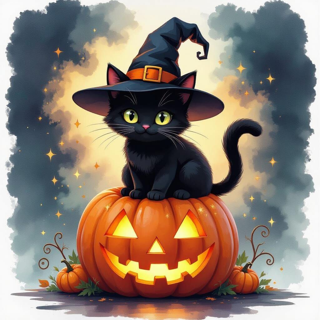 Black Cat in Witch Hat on Pumpkin, Vibrant Alcohol Ink Art