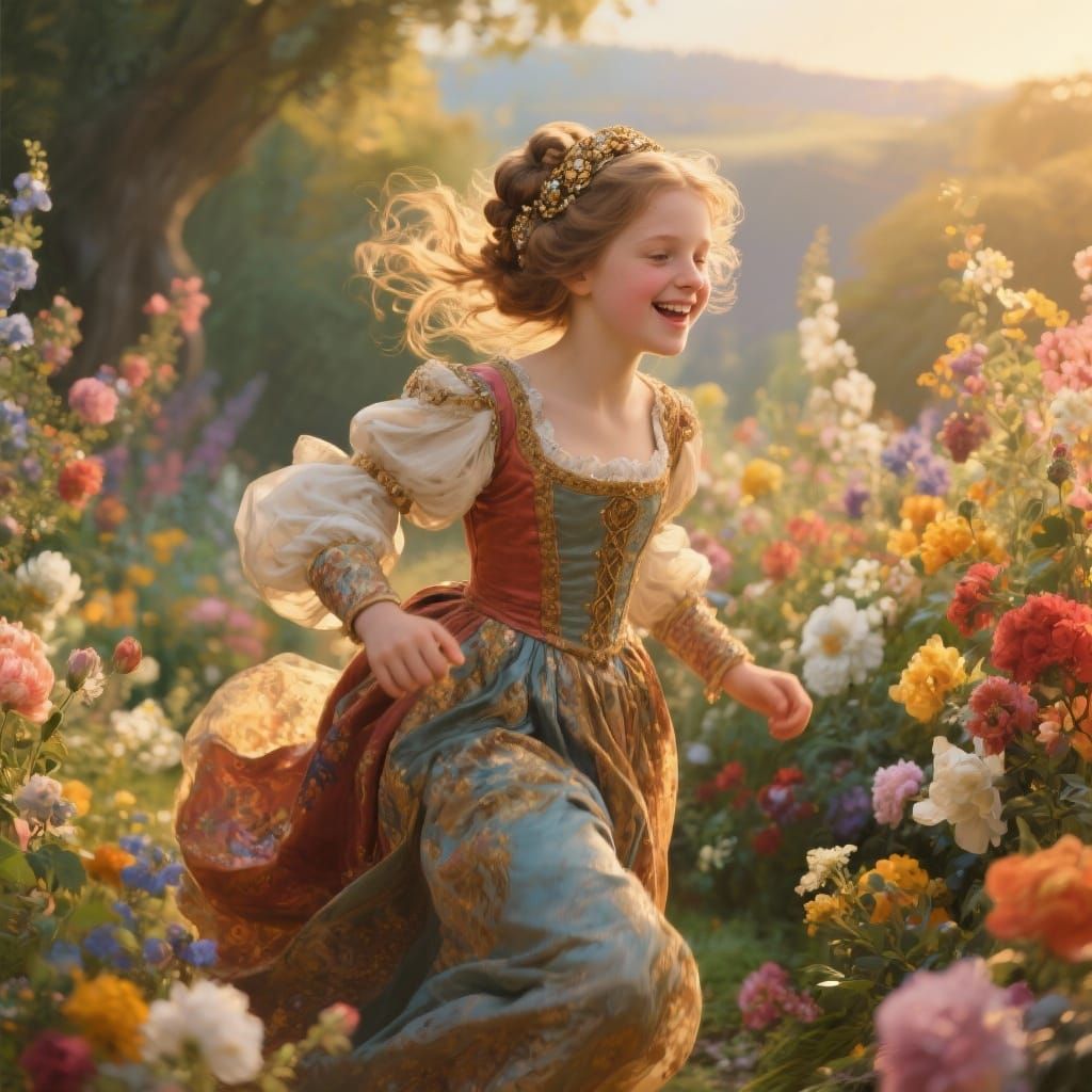 Renaissance Girl in Floral Garden at Golden Hour