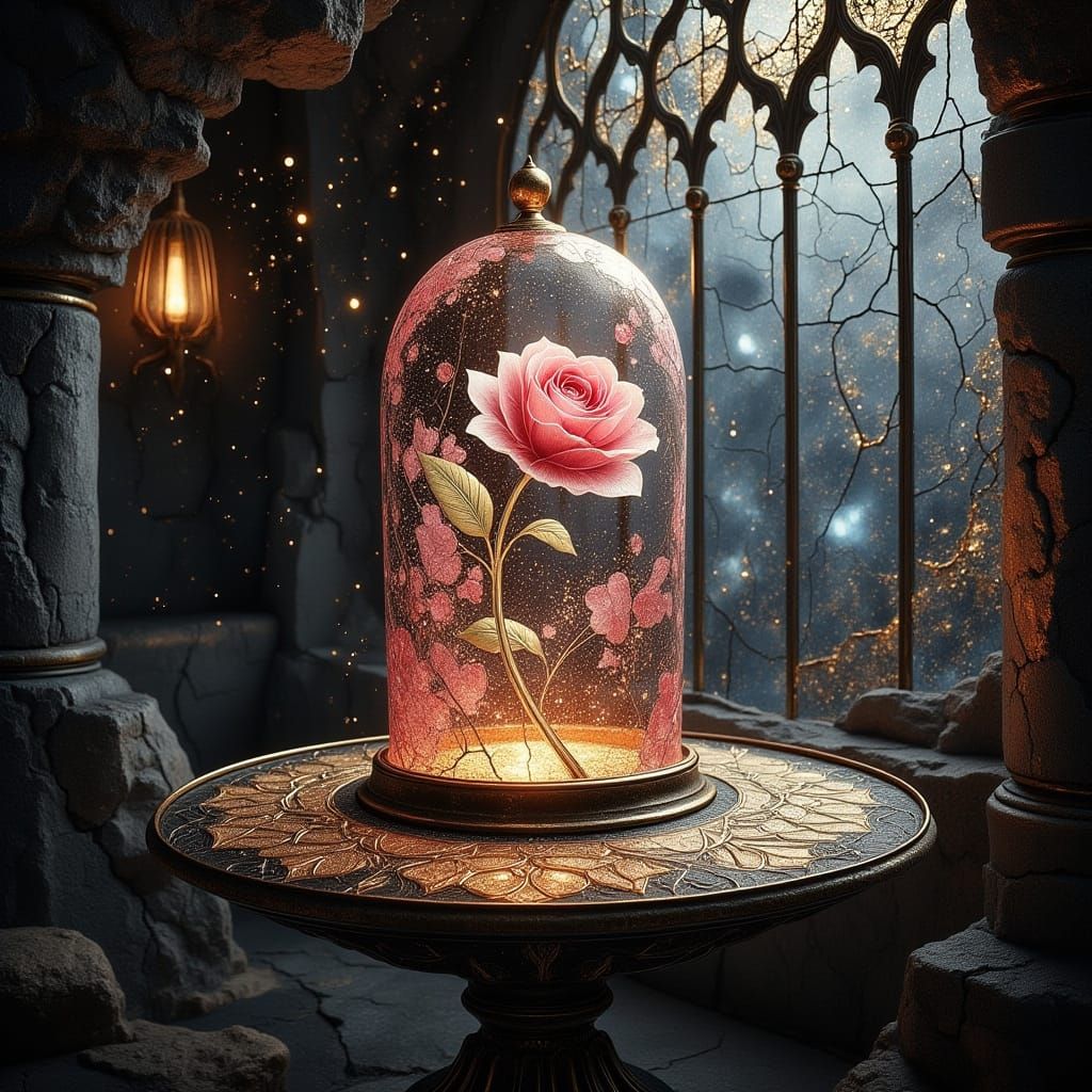 Rose in Glass Bell Jar with Gothic Accents and Starry Night ...