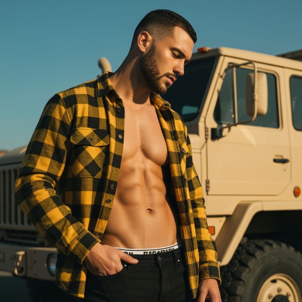 Man Poses Confidently Beside Military Truck