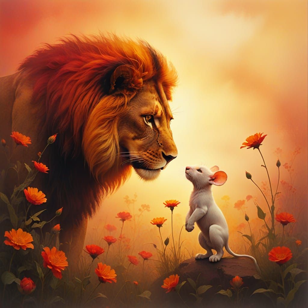 Lion and White Mouse in Vibrant Misty Landscape