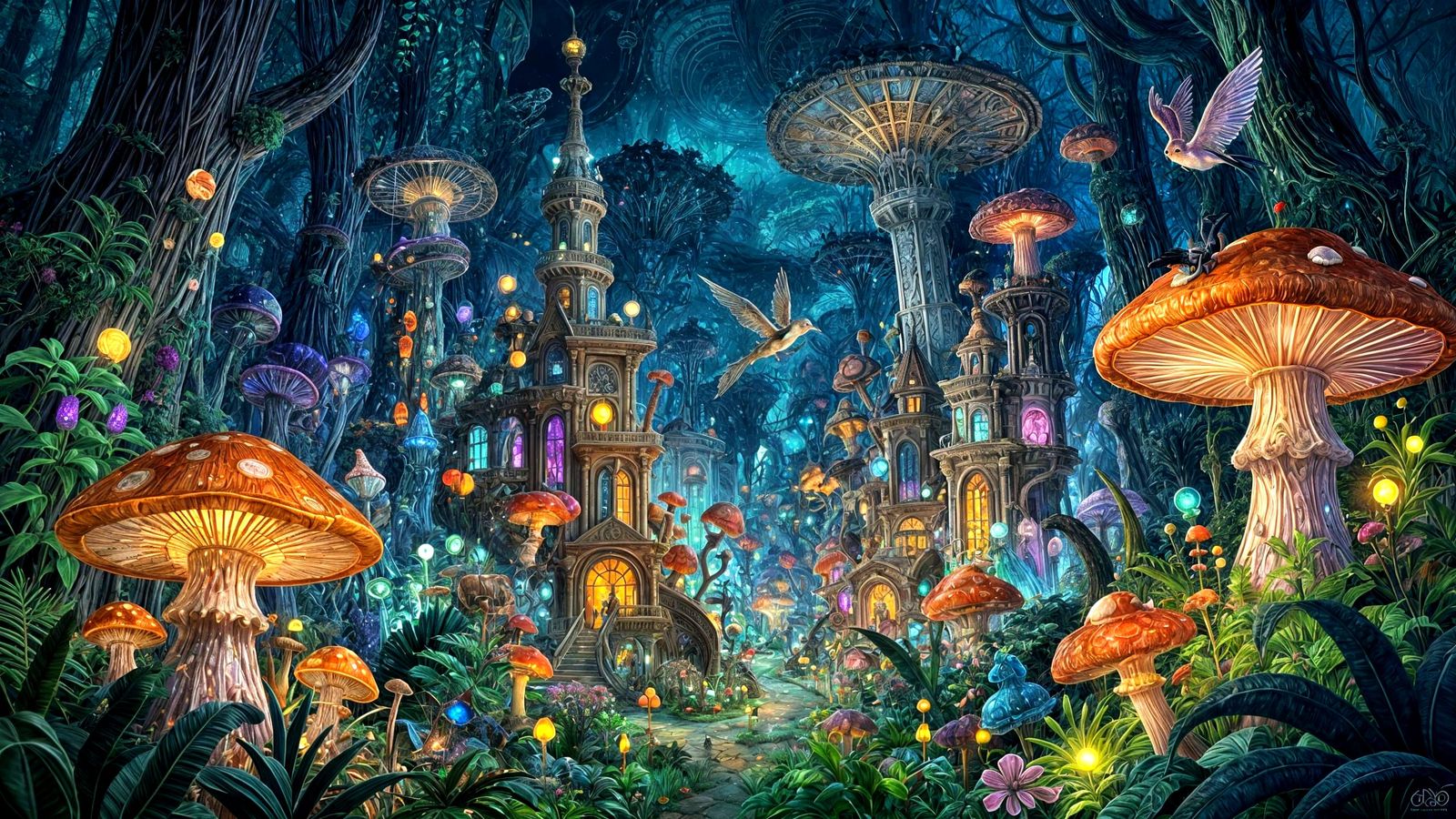 Bioluminescent Mushroom City in Alien Jungle Digital Paintin...