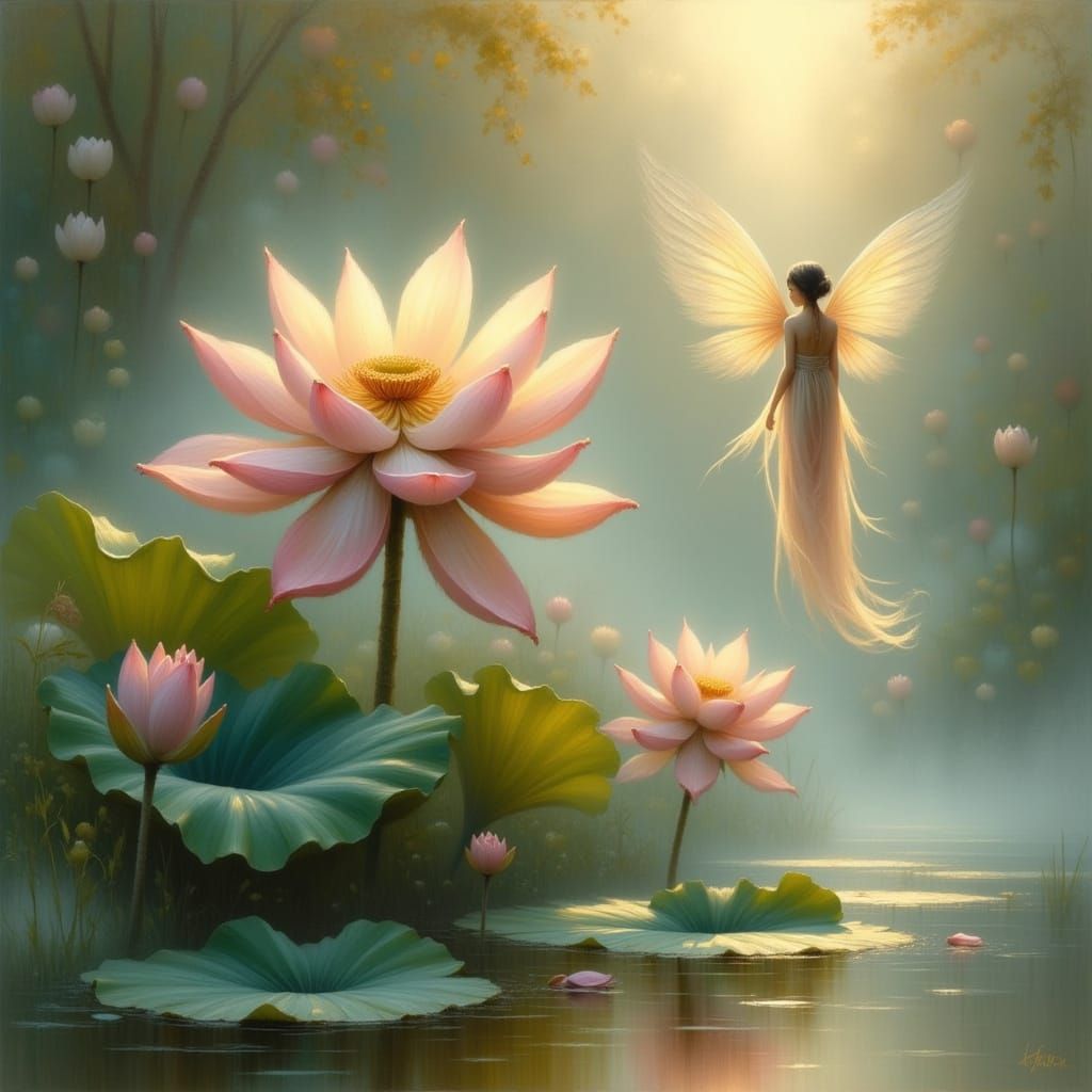 Luminous Fairy on Lotus Flower in Dreamlike Style