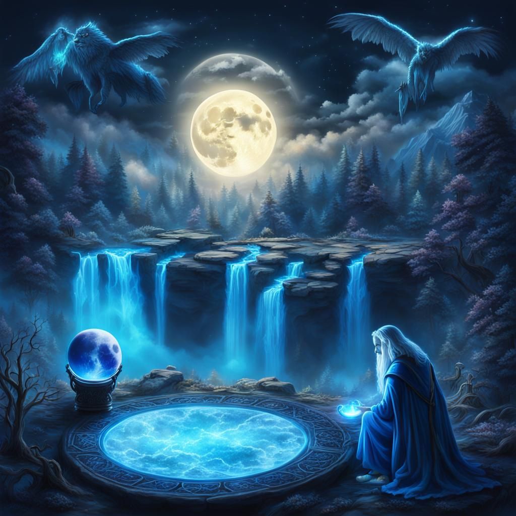 Neon Blue Witches Conjuring Under the Moon