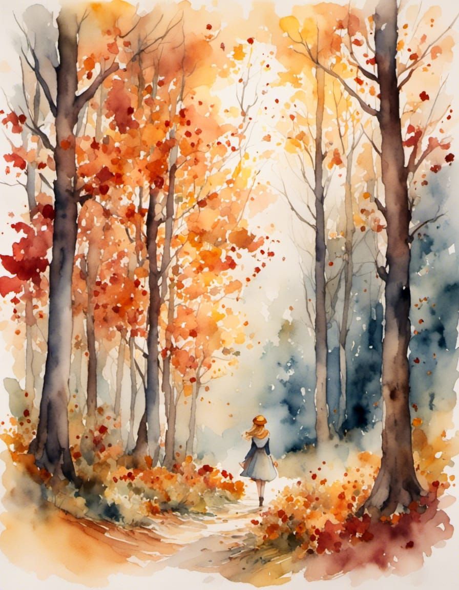 Autumn Forest Oil Painting with Woman in Warm Light