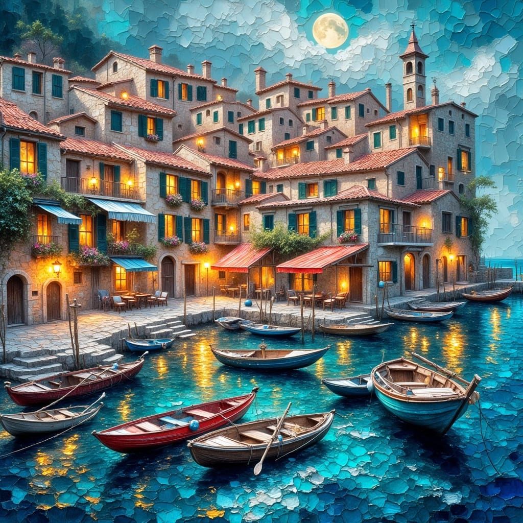 Impressionistic Fishing Village at Dusk Oil Painting