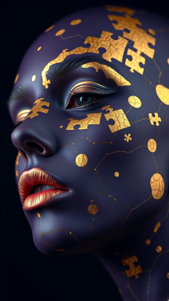 Face Sculpture with Kintsugi Gold in Abstract Expressionist ...