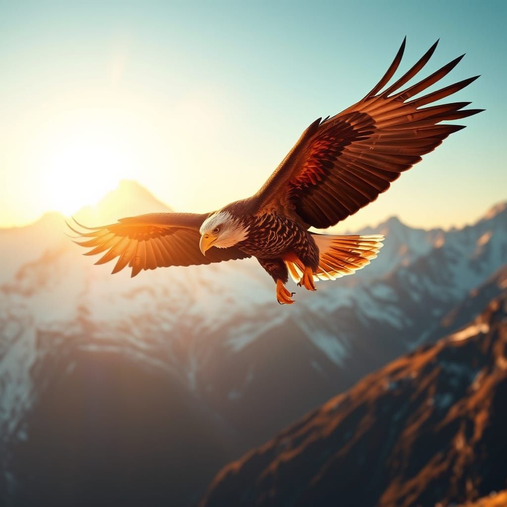 Majestic Eagle Soars Towards Snow-Capped Peak in Golden Dawn...