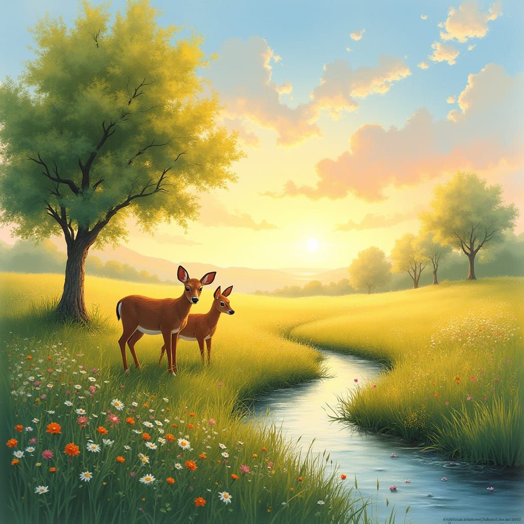 Serenely Lit Meadow Scene in Impressionist Style