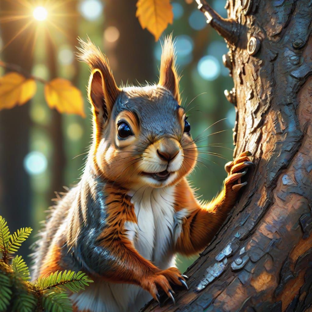 Vibrant Forest Scene with Chrome-Surfaced Tree and Squirrel