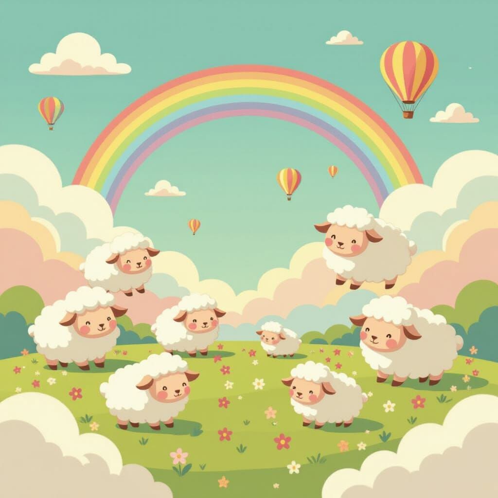 Fluffy Animal Clouds and Rainbow in Children's Book Style