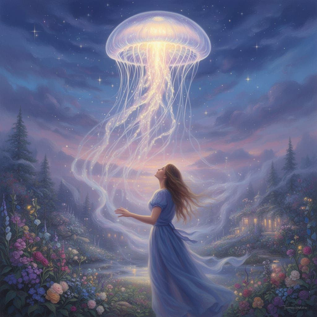 Majestic Jellyfish Descends in Luminous Fantasy Scene