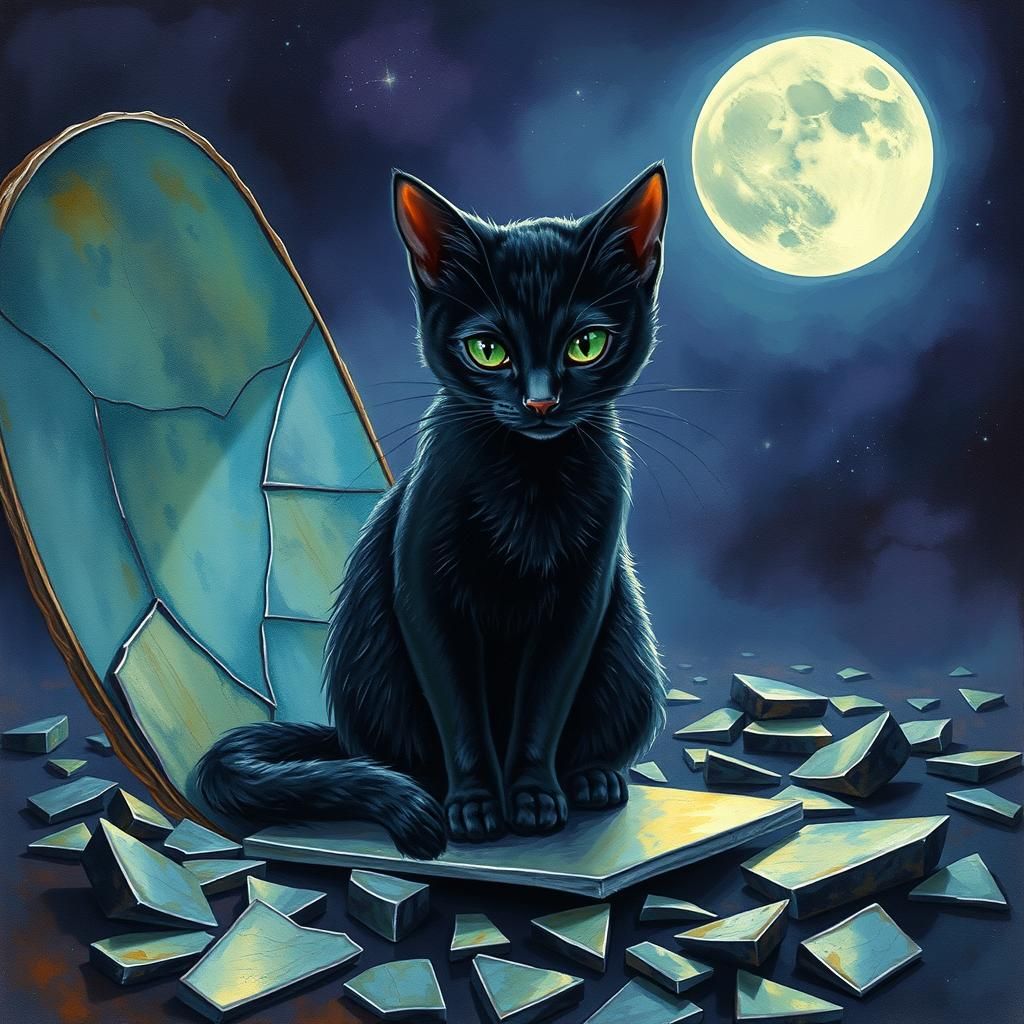Black Cat Gazing at Broken Mirror in Burtonesque Style