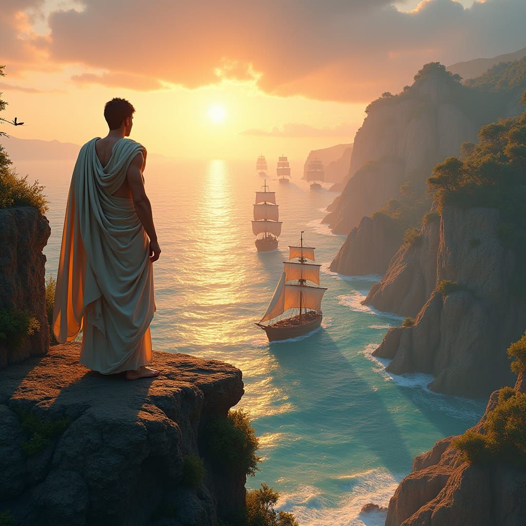 Roman Philosopher Overlooking Mediterranean Sunset