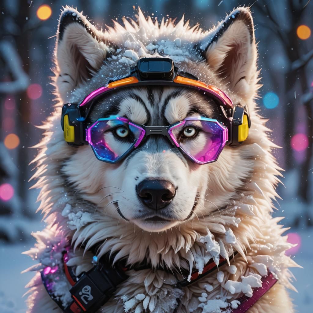 Neon Husky Cub in Snowy Fantasy Portrait
